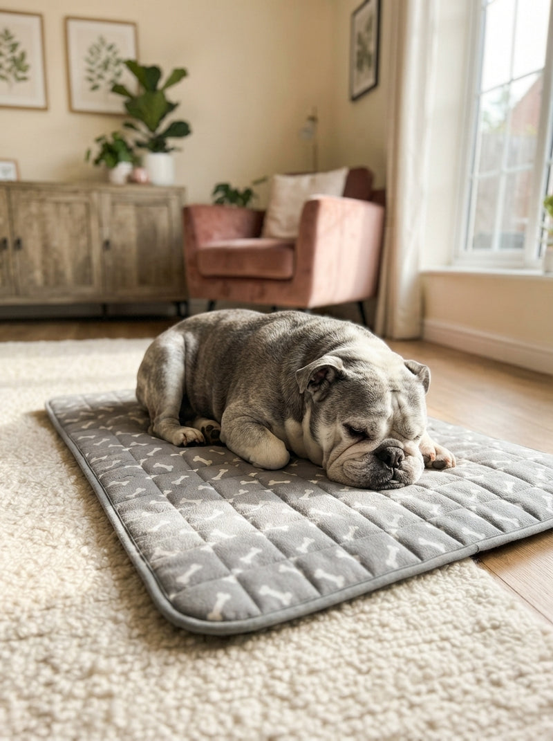 An elderly bulldog resting on a clean washable pet mat in a cozy, sunlit living room.